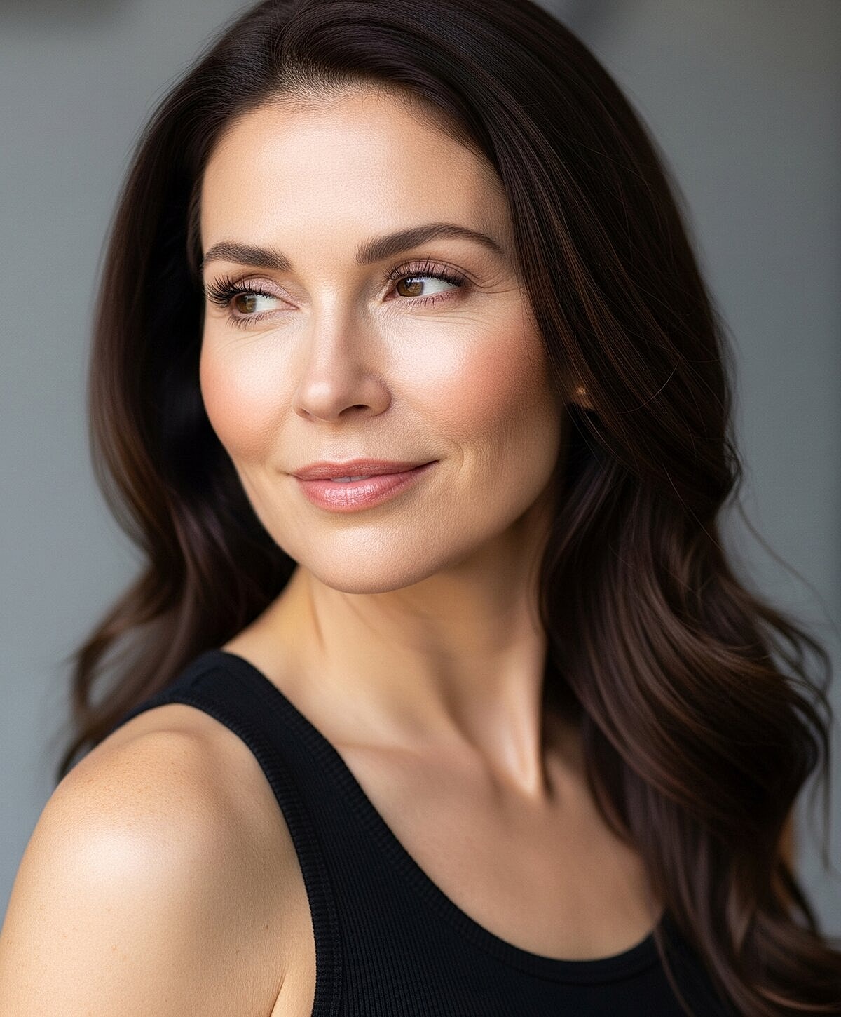 Model striking a pose against a textured wall.