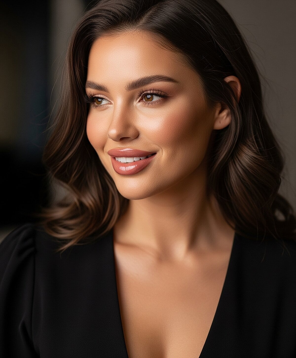 Model posing in neutral-colored lingerie against backdrop.