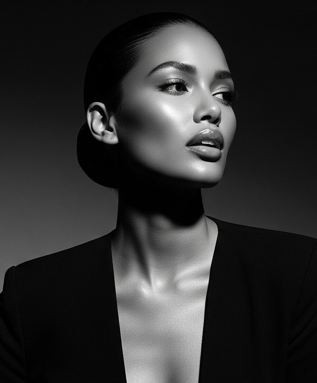 Model striking a pose against a textured wall.