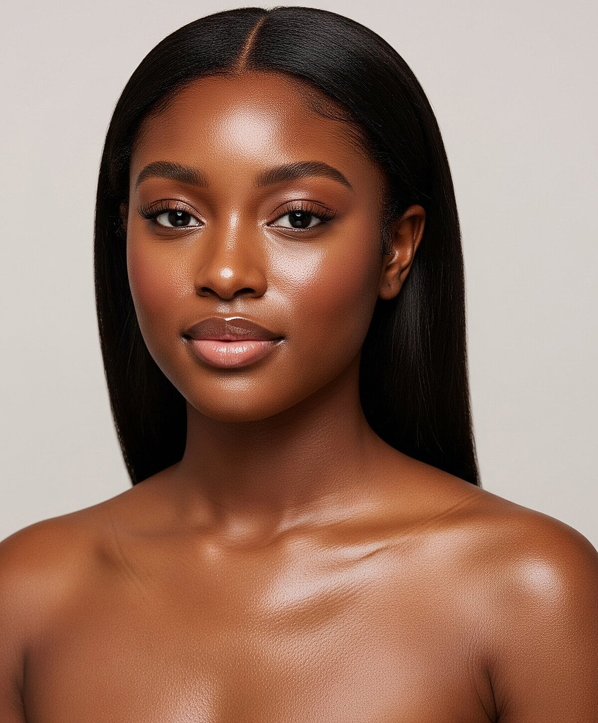 Model posing in neutral-colored lingerie against backdrop.