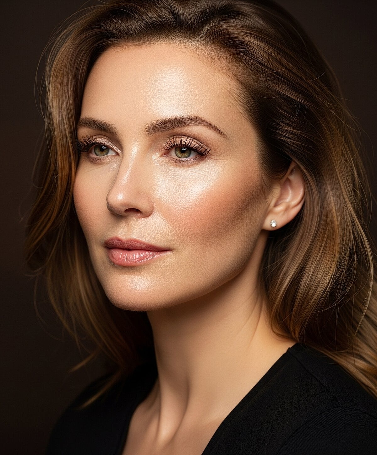 Model posing in neutral-colored lingerie against backdrop.