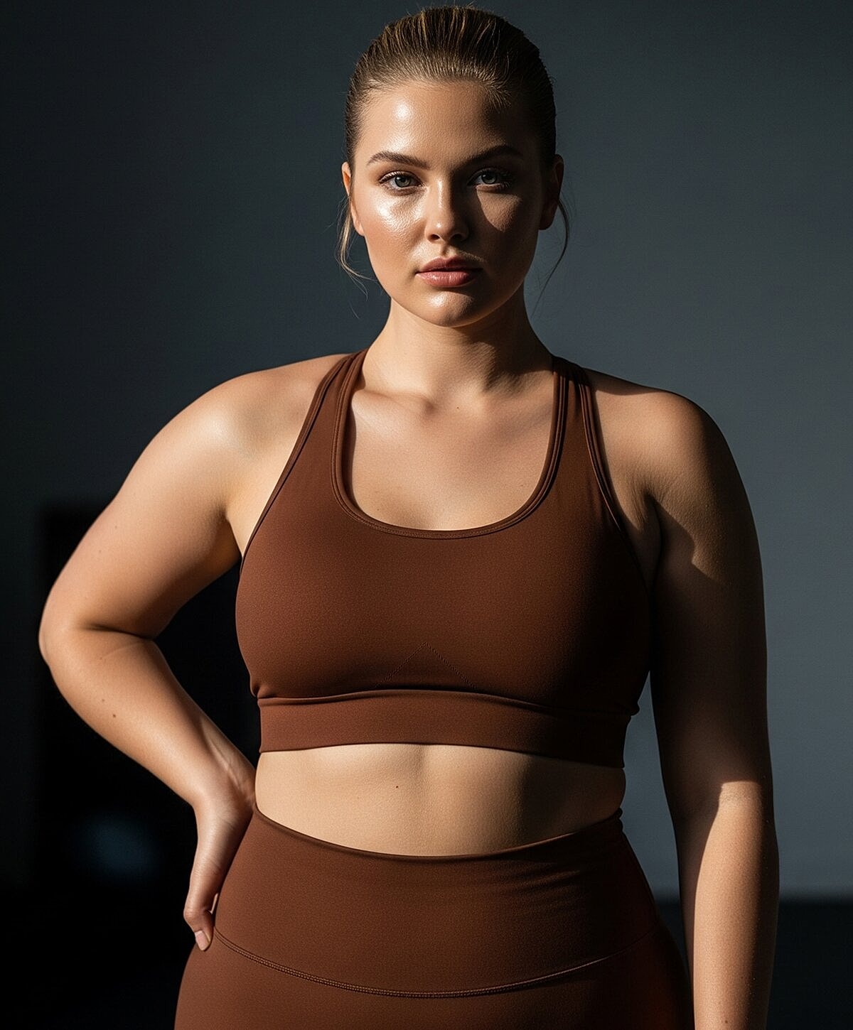 Model posing in neutral-colored lingerie against backdrop.