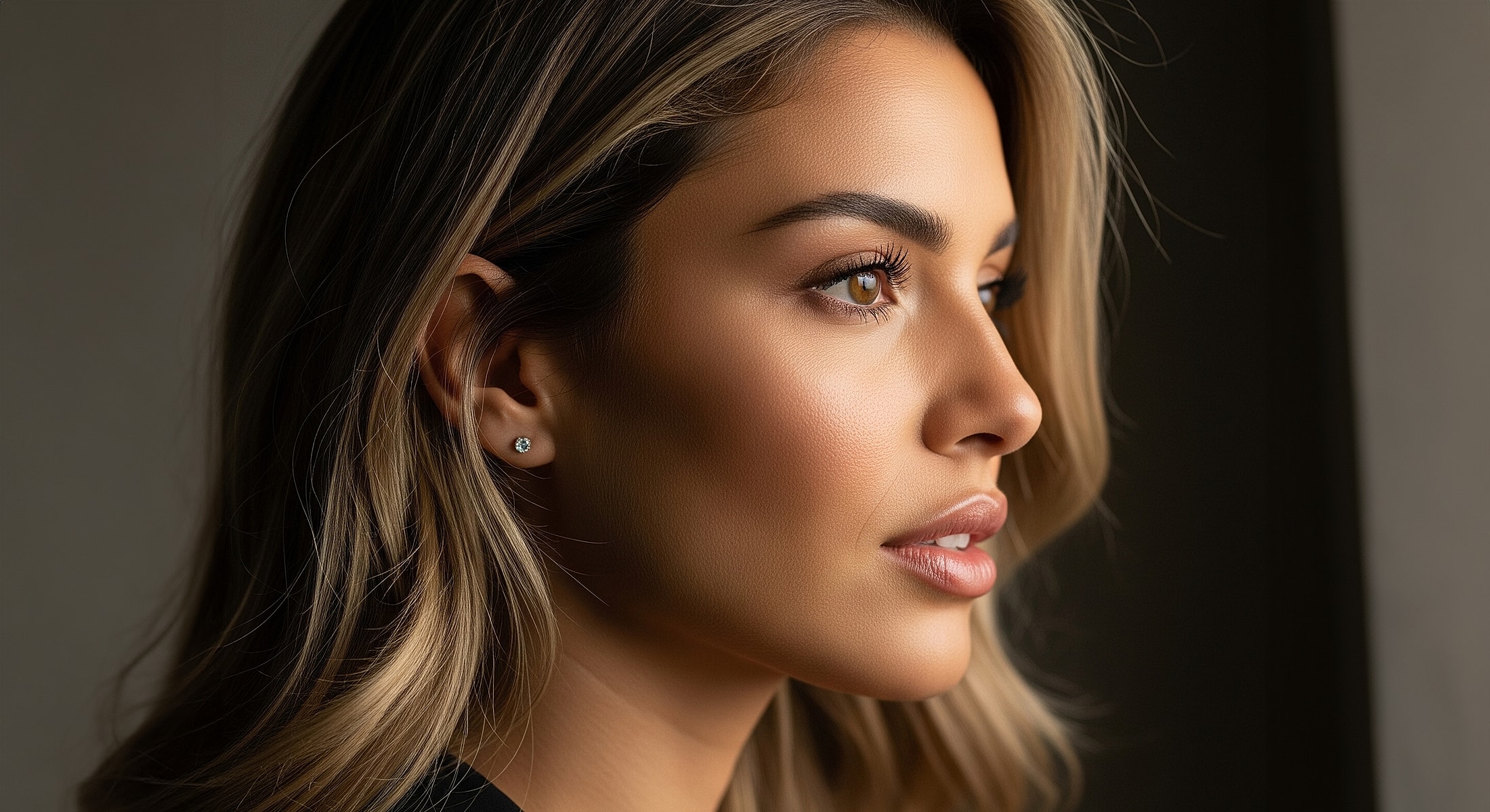 Profile view of a woman with blonde hair.