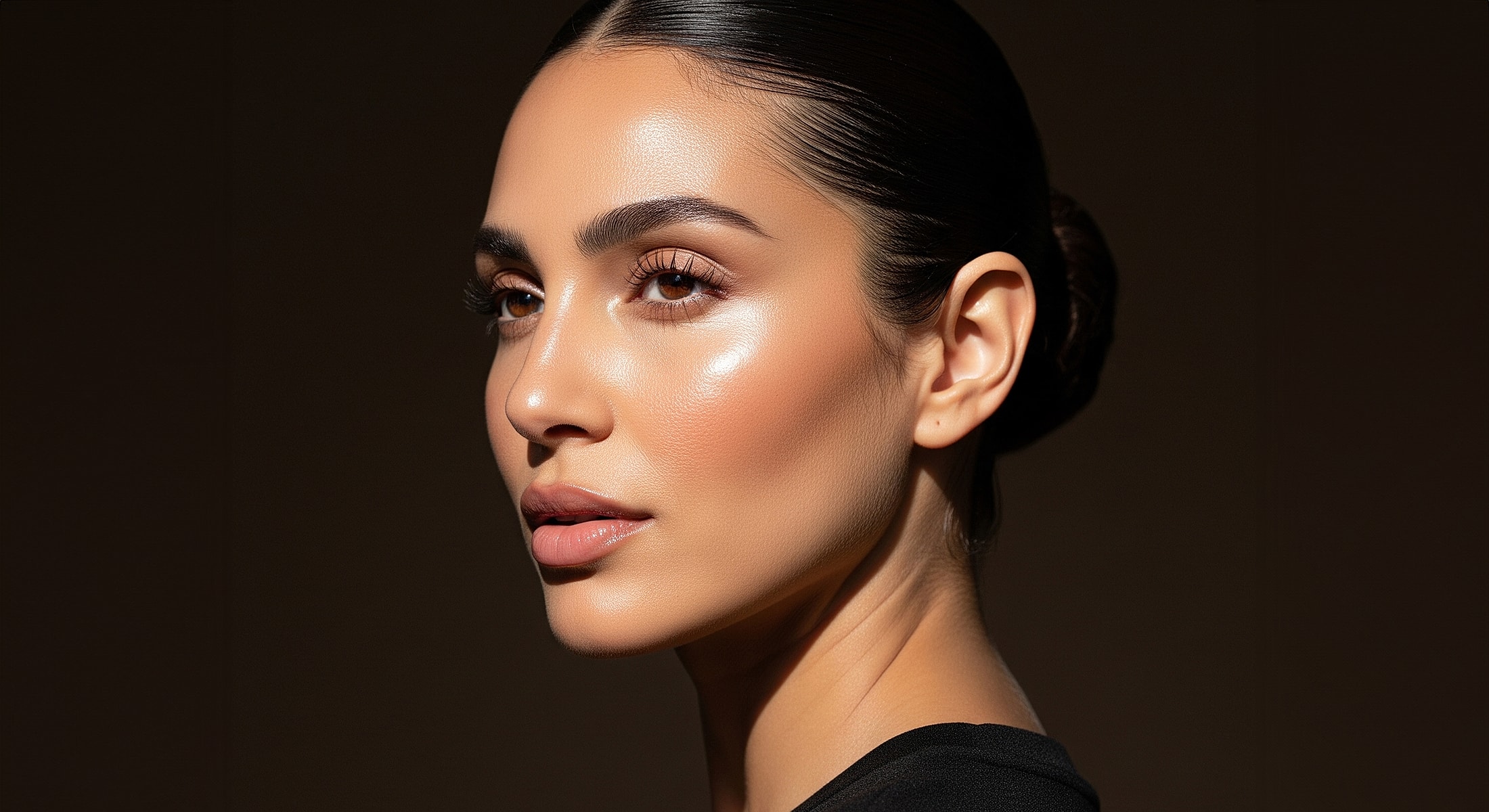 Profile of a young woman with glowing skin.
