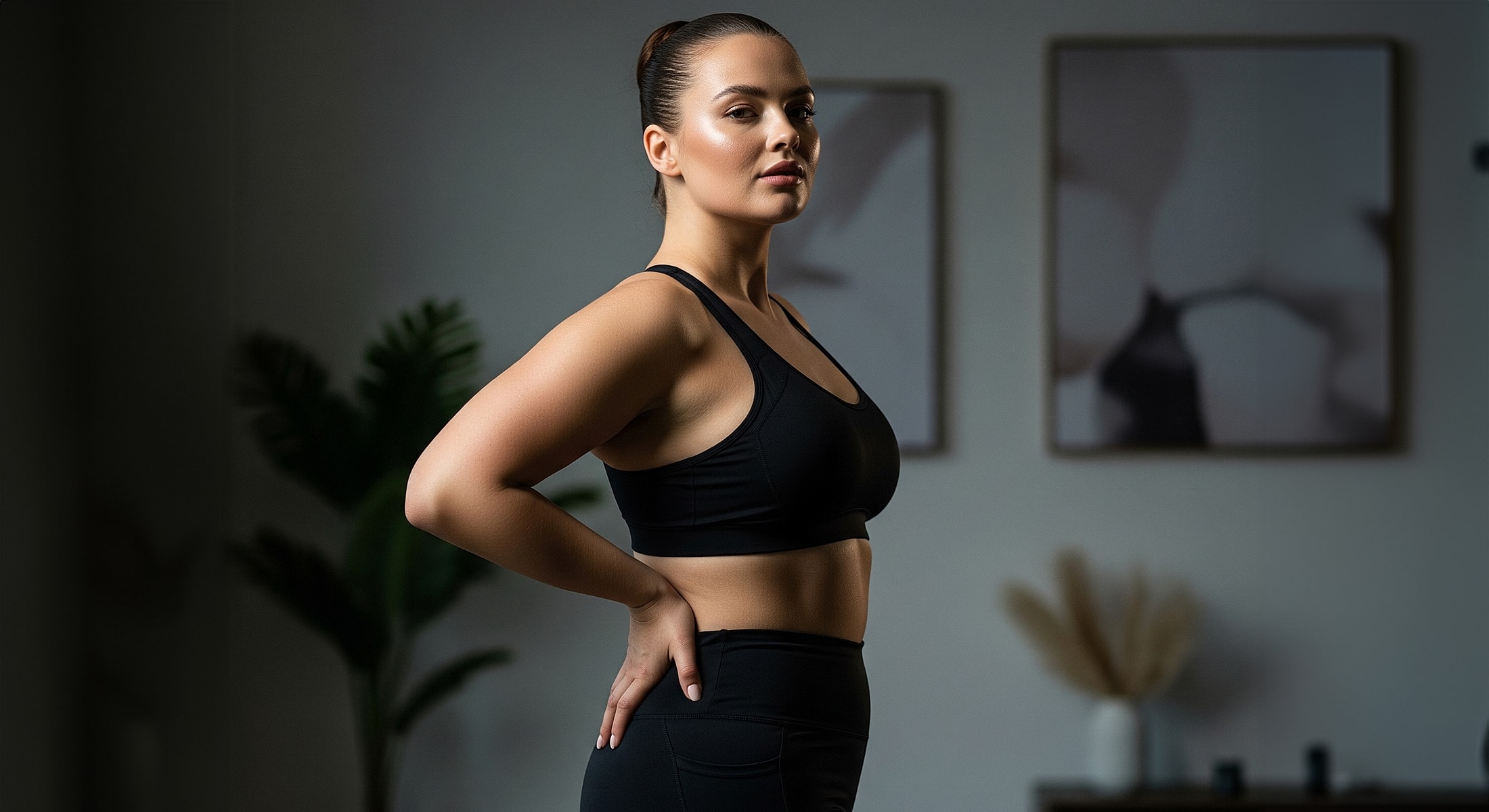 Woman in activewear posing confidently indoors.